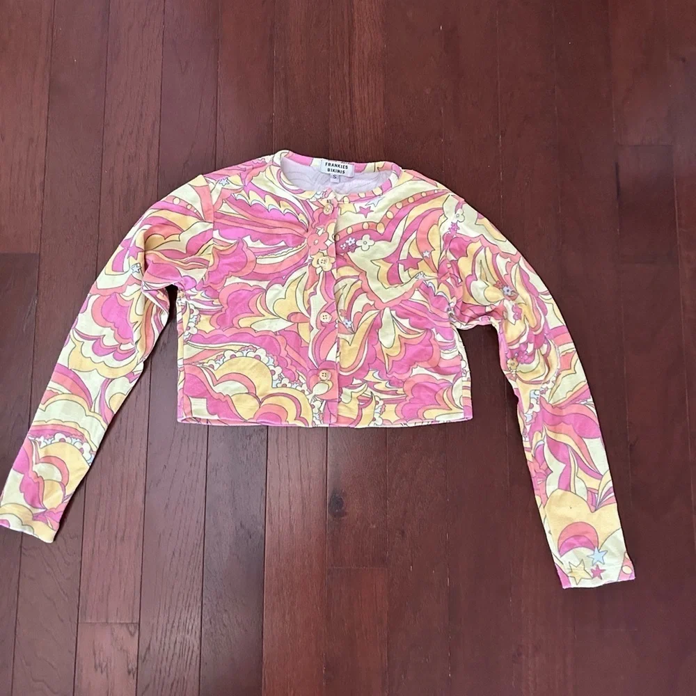 Frankie's Bikinis Top and Button Down Mini Cardigan Size S Bright Multi Color